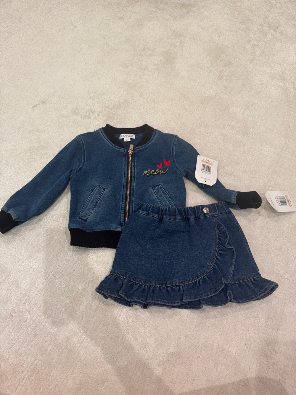 Flapdoodles Blue Denim Bomber Jacket & Ruffle Skirt Set